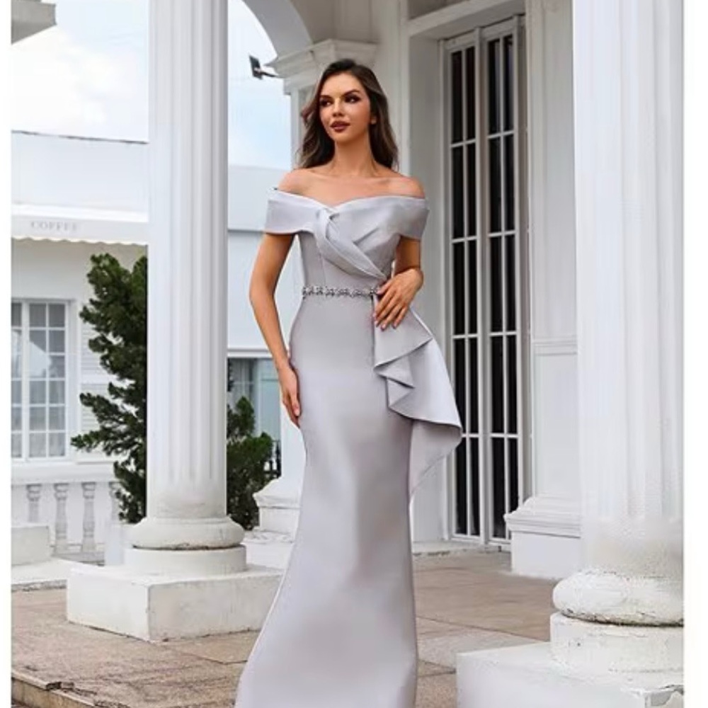 Terani Couture Off-Shoulder Silver Gown